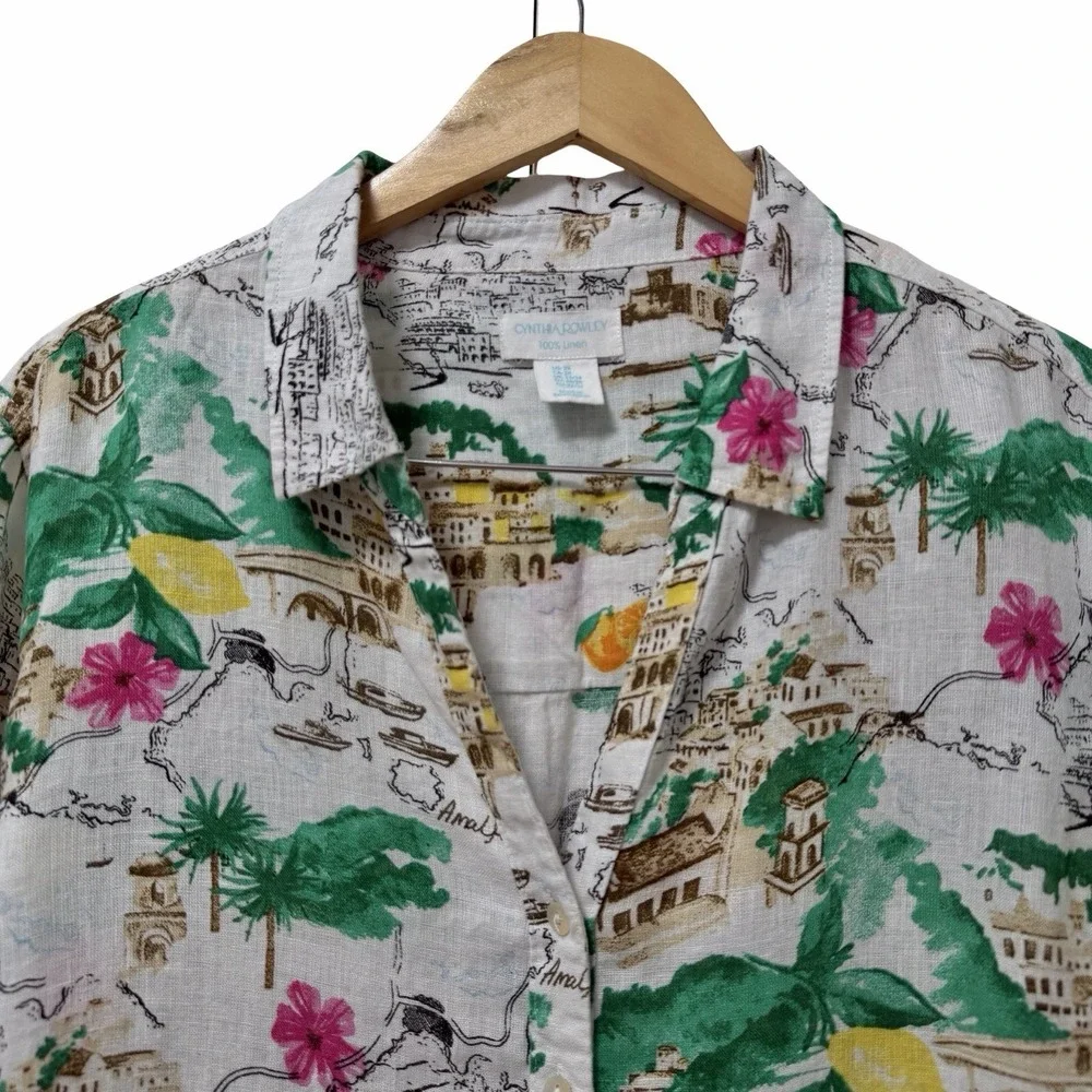 Cynthia Rowley Womens Linen Button Up Shirt Size 2X Green Italia Coast Travel